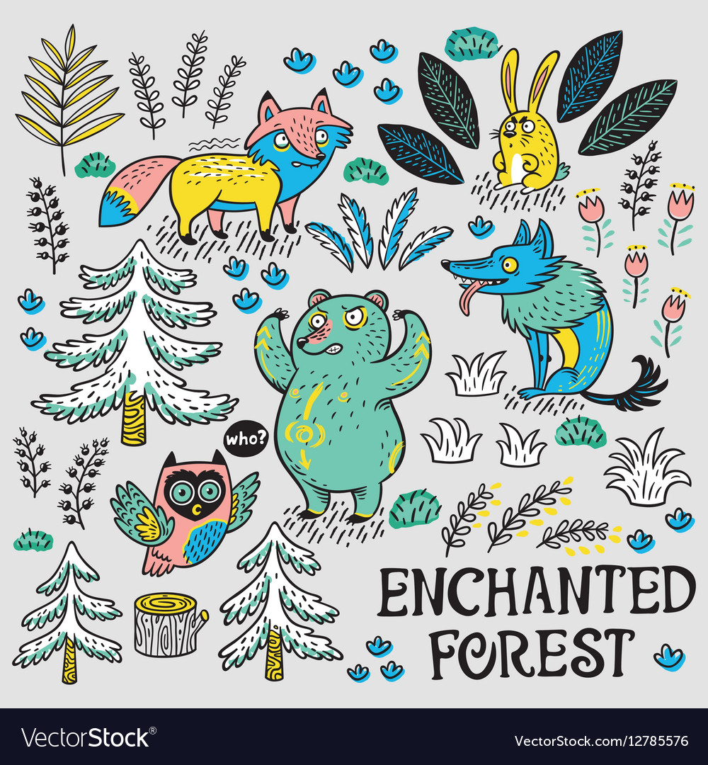 Hand drawn set with cartoon animals