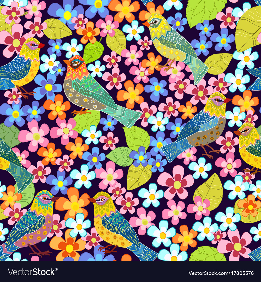 Happy seamless texture with flowers and birds