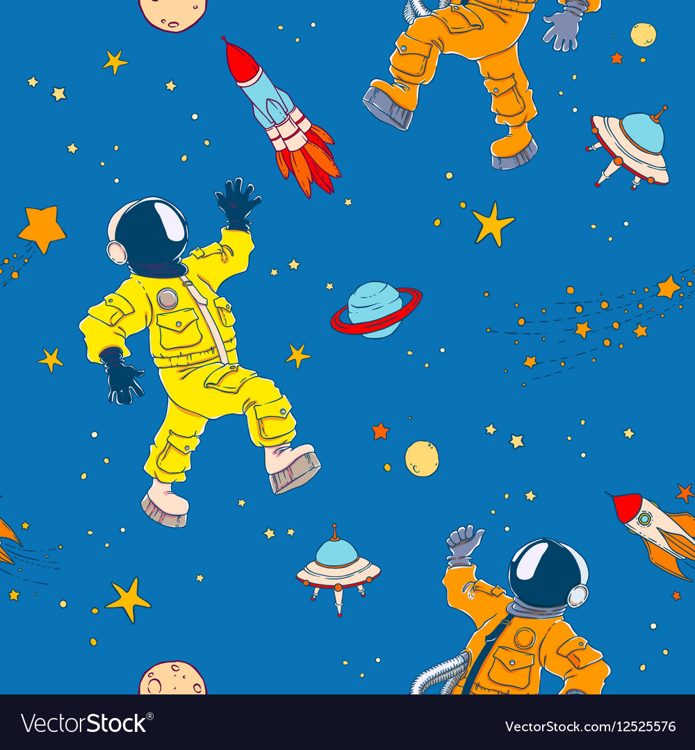 Seamless pattern with astronauts ufos planets