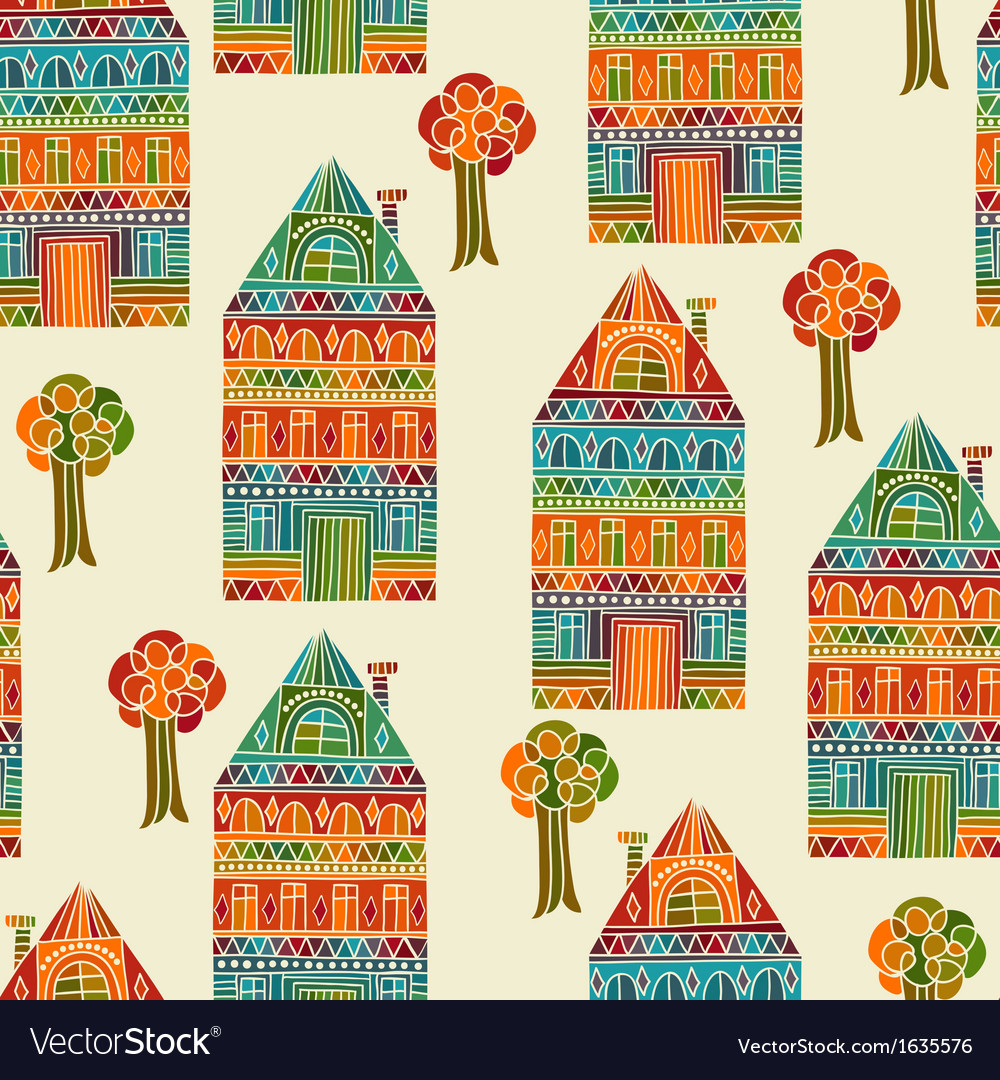 Seamless pattern with houses and trees