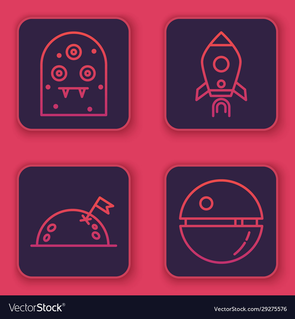 Set line alien planet with flag rocket ship vector image Set line alien planet with flag rocket ship