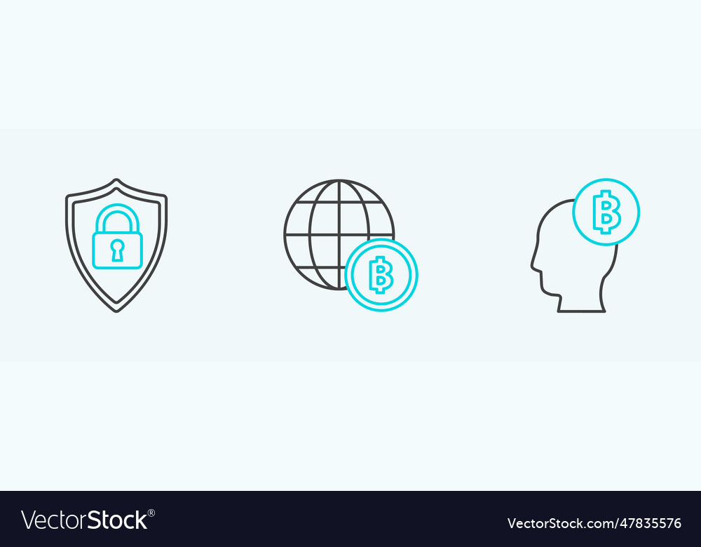Set line bitcoin think shield security with lock vector image Set line bitcoin think shield security with lock
