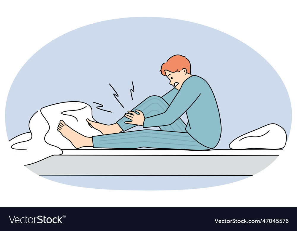 Unwell man in bed suffer from leg cramp Royalty Free Vector