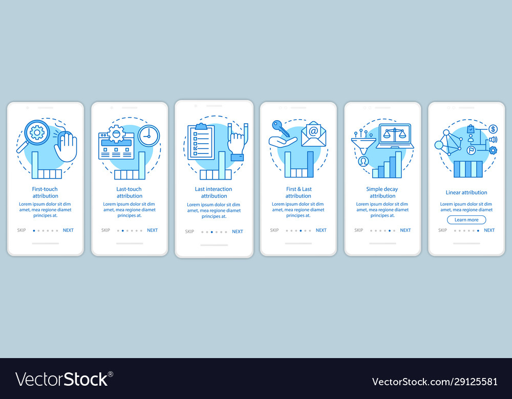 Attribution modeling types blue onboarding mobile vector image Attribution modeling types blue onboarding mobile
