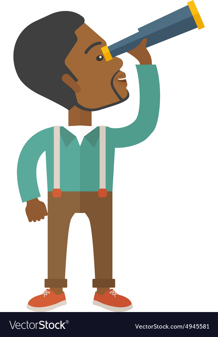 Black guy with telescope to see something up in Vector Image