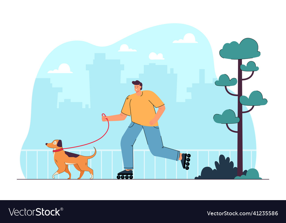 Cartoon man in roller skates walking dog city Vector Image