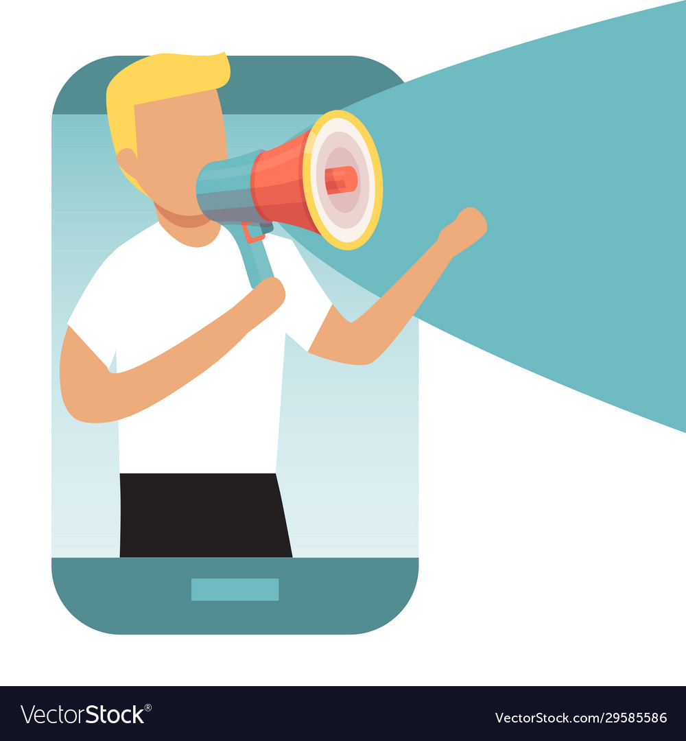 Man from smartphone shouting into a megaphone