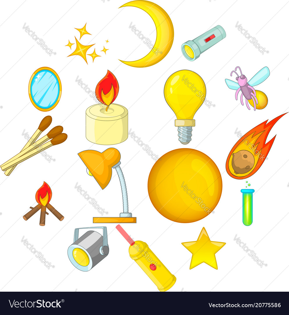 Sources of light icons set cartoon style