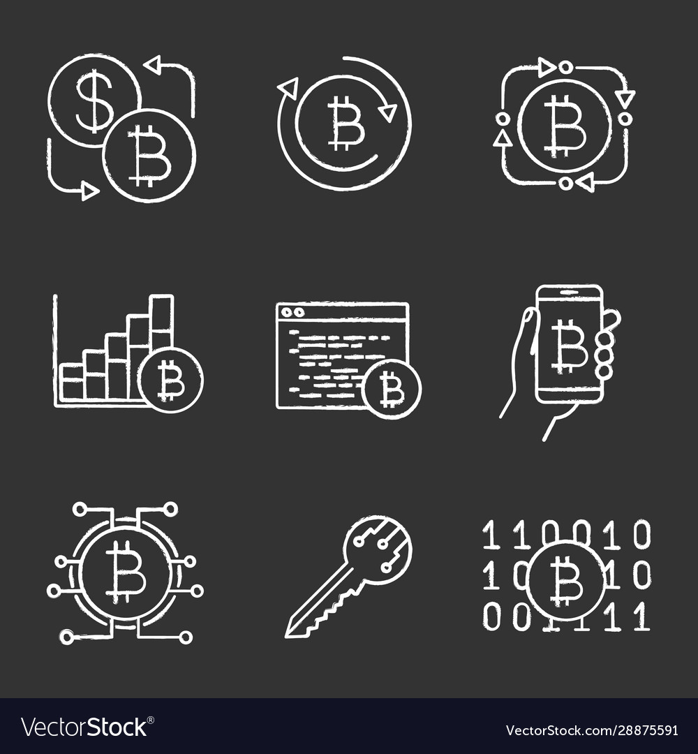 Bitcoin Kryptowährung Kreide Icons Set