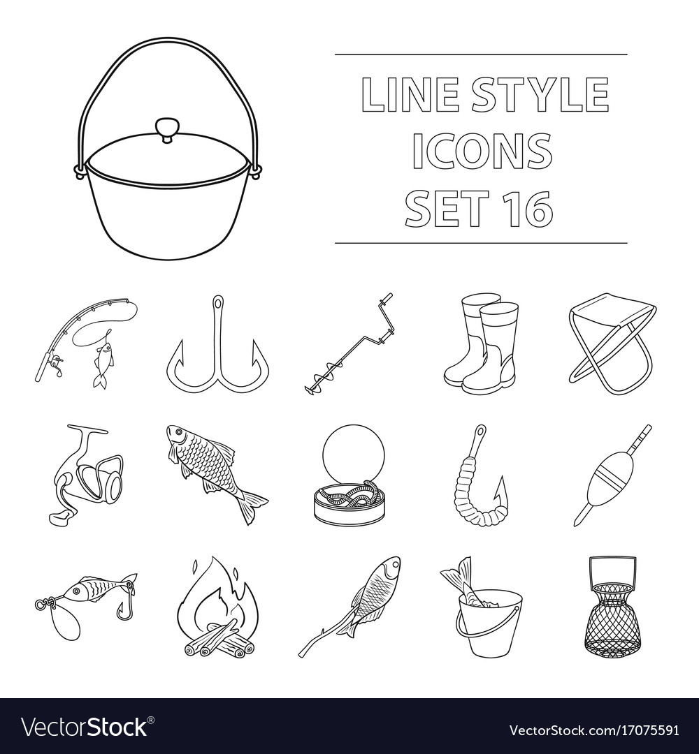 Fishing set icons in outline style big collection