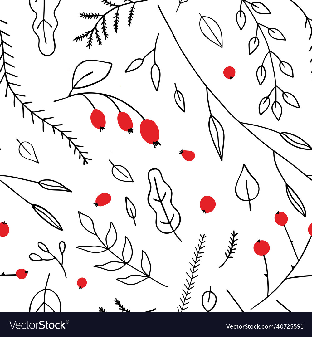 Seamless pattern with branches and red berries vector image Seamless pattern with branches and red berries
