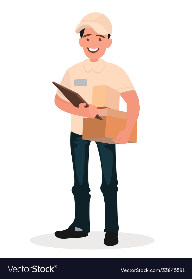 Smiling man courier with a parcel