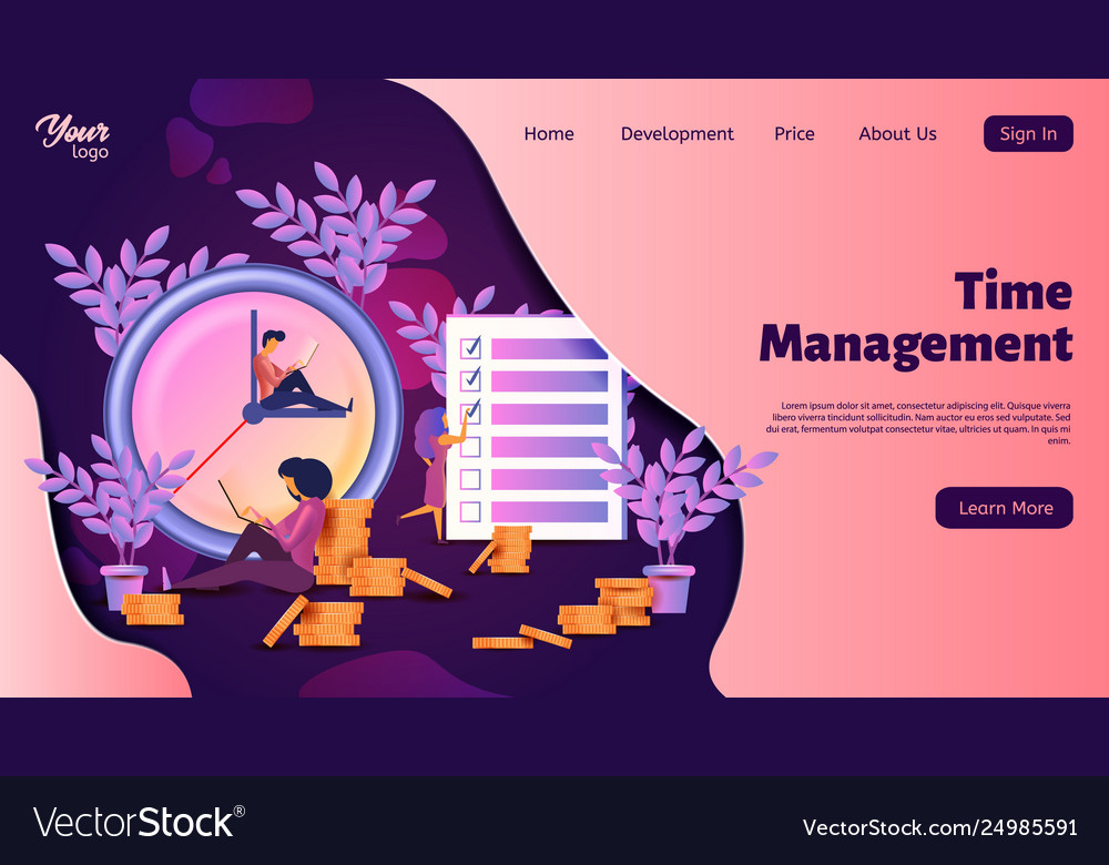 Time management interface landing web page vector image Time management interface landing web page