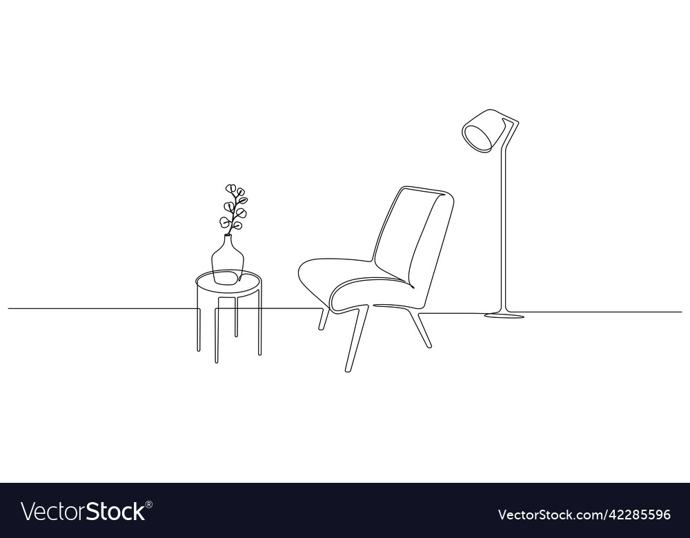 Continuous one line drawing of armchair and table