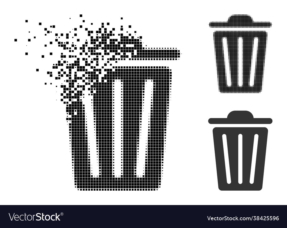 Disintegrating pixel trash can glyph with halftone vector image Disintegrating pixel trash can glyph with halftone