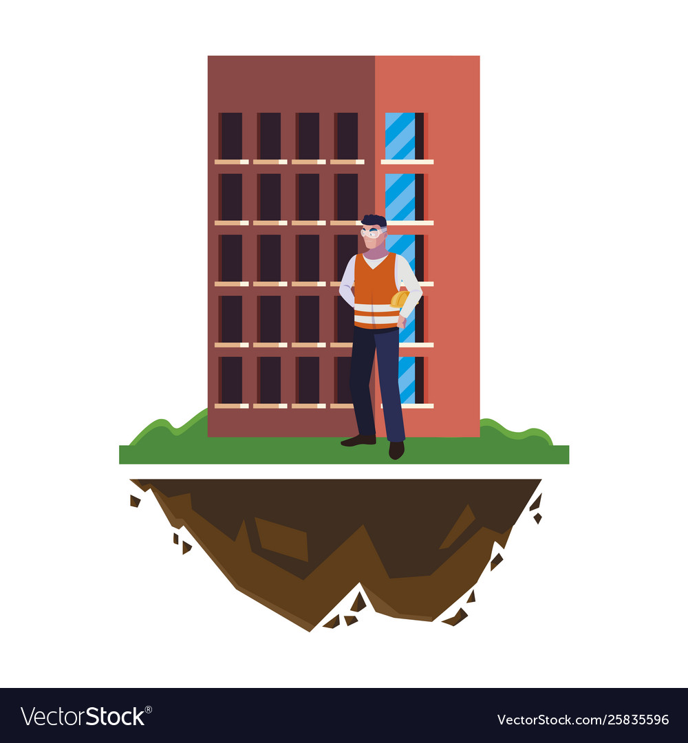 Male builder constructor worker with building