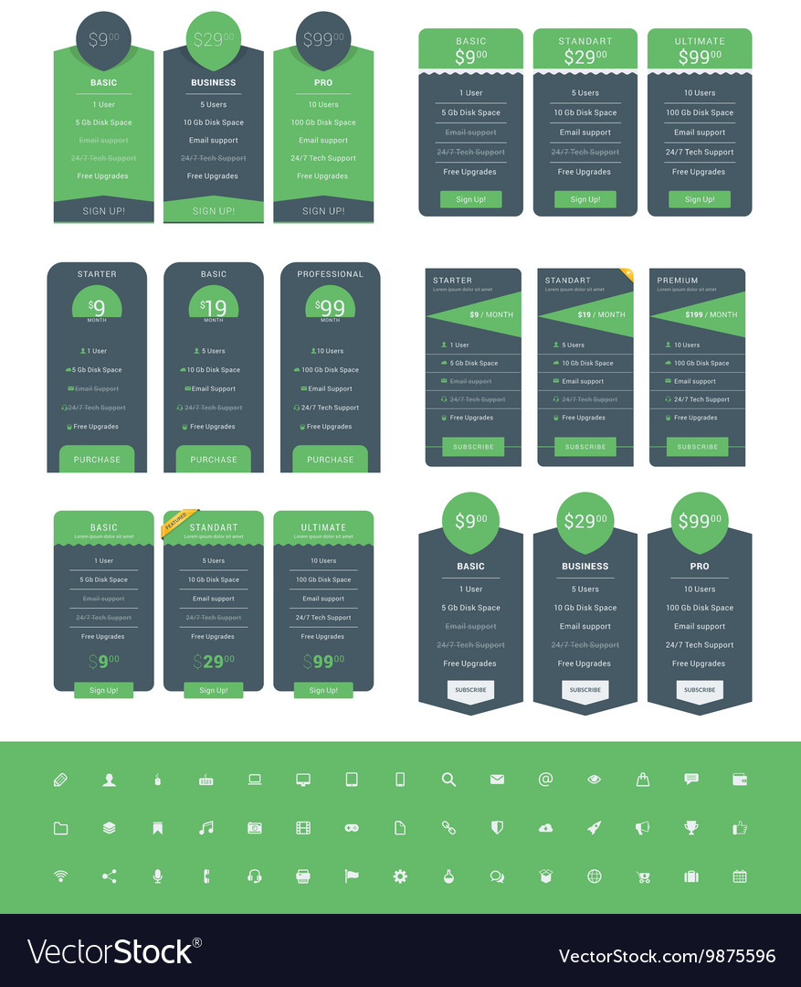 Set of pricing table design templates for websites