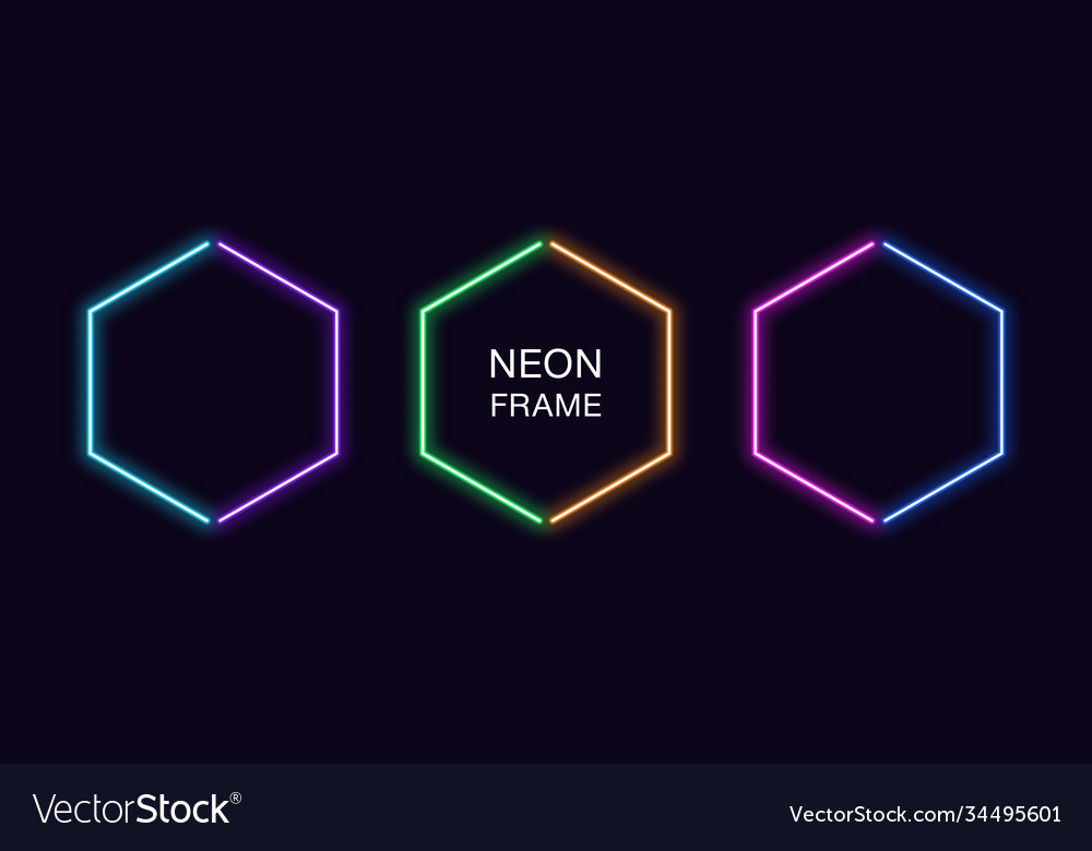 Neon hexagon frame set hexagonal border vector image Neon hexagon frame set hexagonal border