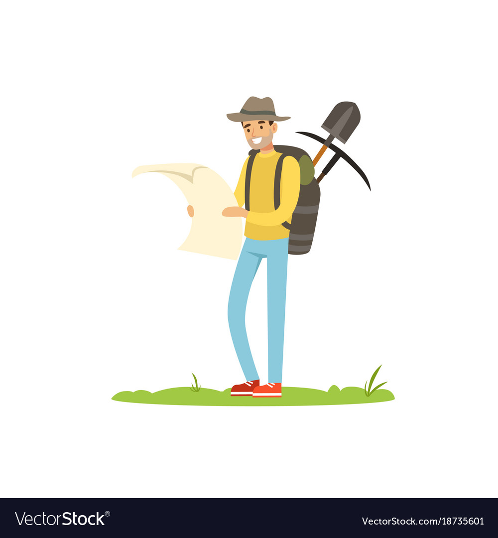 Treasure seeker with map and tools for digging