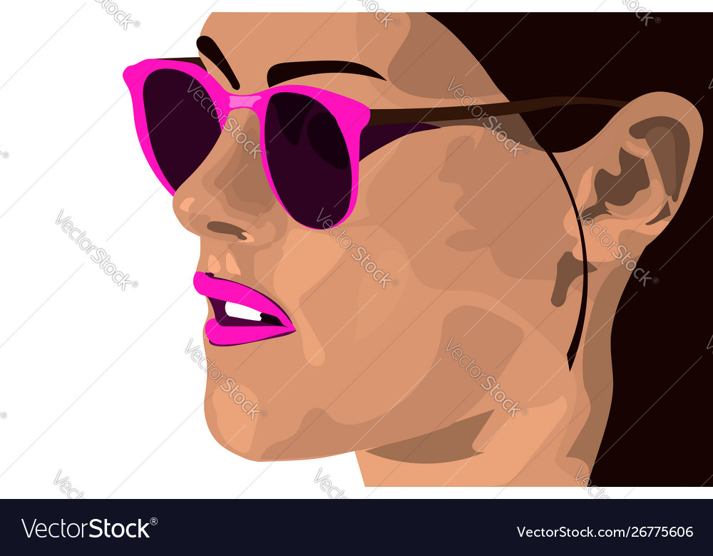 Girl in pink sunglasses with dark hair stylish