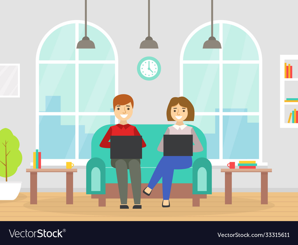 Coworking space with people sitting sofa vector image Coworking space with people sitting sofa