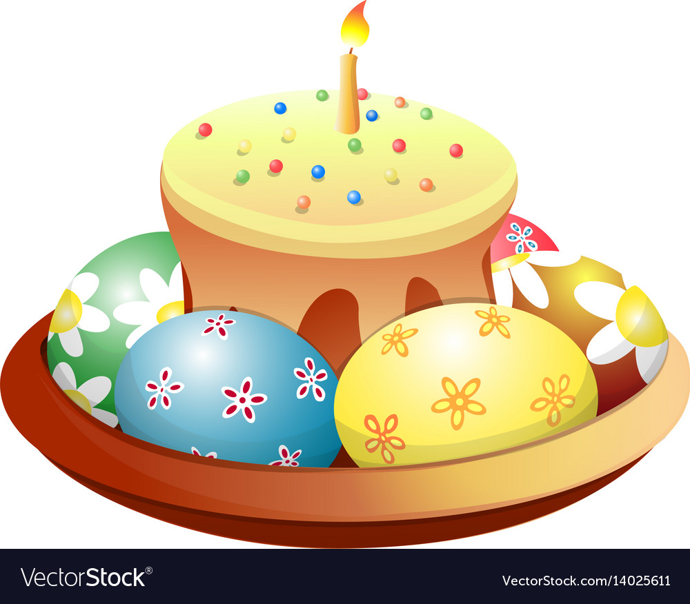 Dish with easter cake and eggs Royalty Free Vector Image