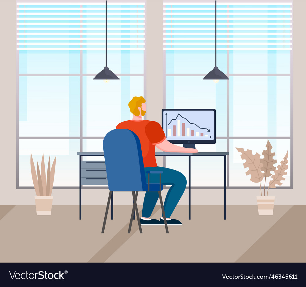 Man working online with data analytic on graph vector image Man working online with data analytic on graph
