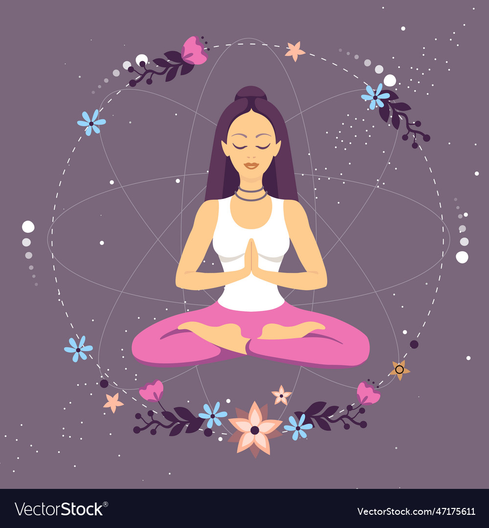 Woman meditation in lotus position with flowers Vector Image