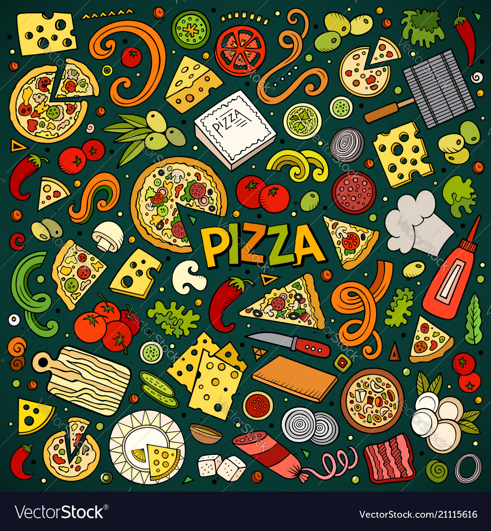 Cartoon set of pizzeria objects and symbols Vector Image