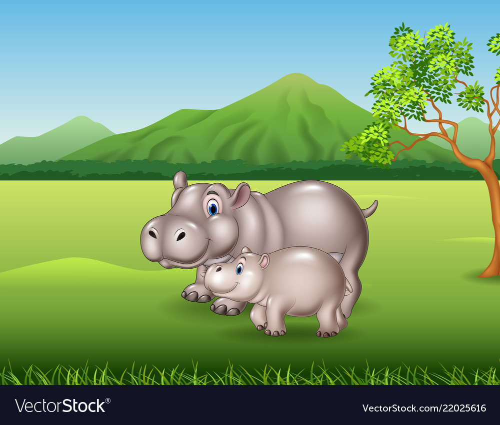 Cute Hippo Family in the Jungle