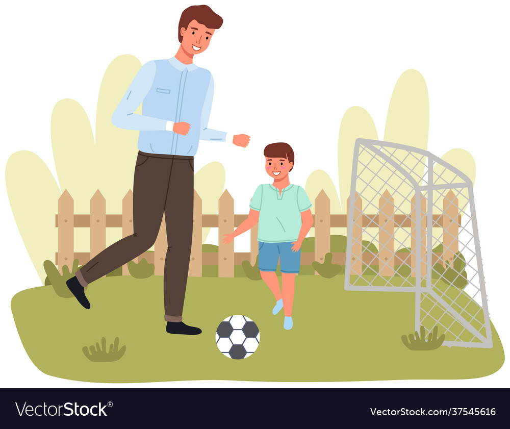 Father with son play football on field men