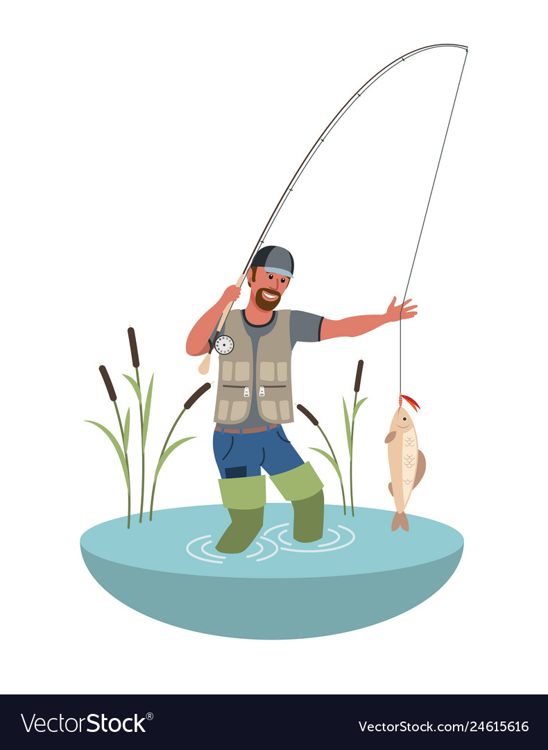 Fishing fisherman with big fish flat Royalty Free Vector