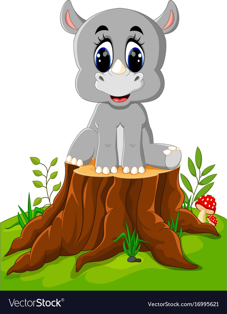 Cartoon rhino sitting on tree stump Royalty Free Vector