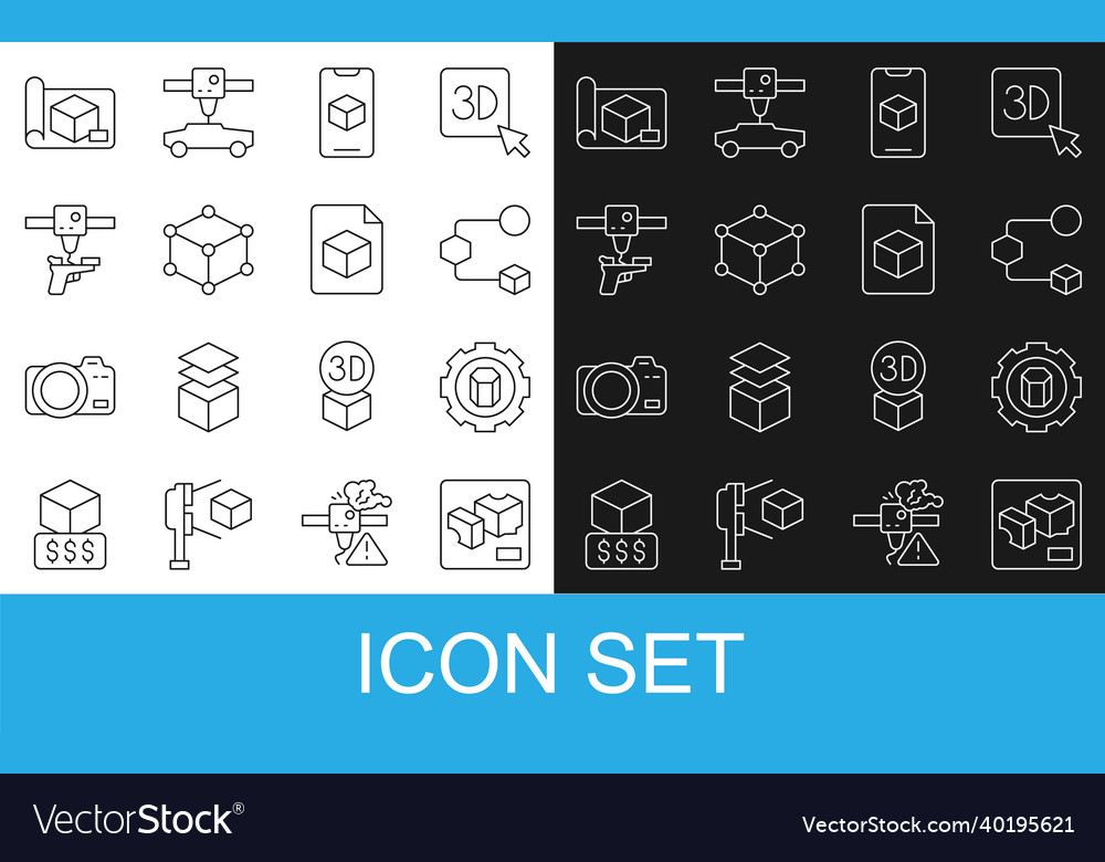 Set line 3d printer setting isometric cube vector image Set line 3d printer setting isometric cube