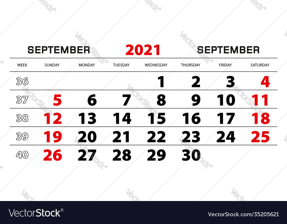 Wall calendar 2021 for september week start from Vector Image