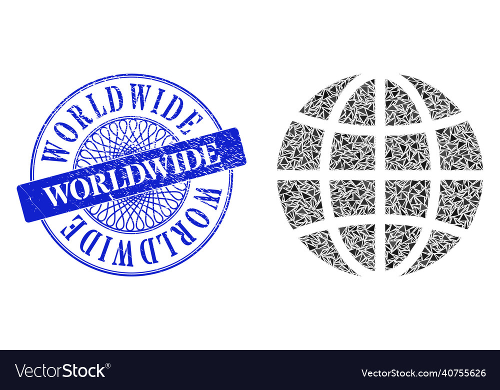 Grunge worldwide seal and triangle globe mosaic