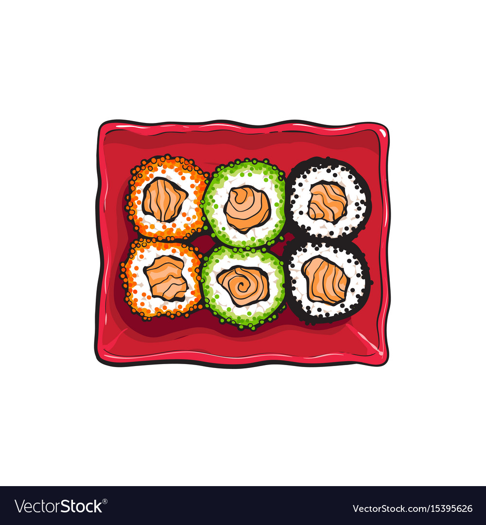 Plate of japanese sushi rolls sketch style