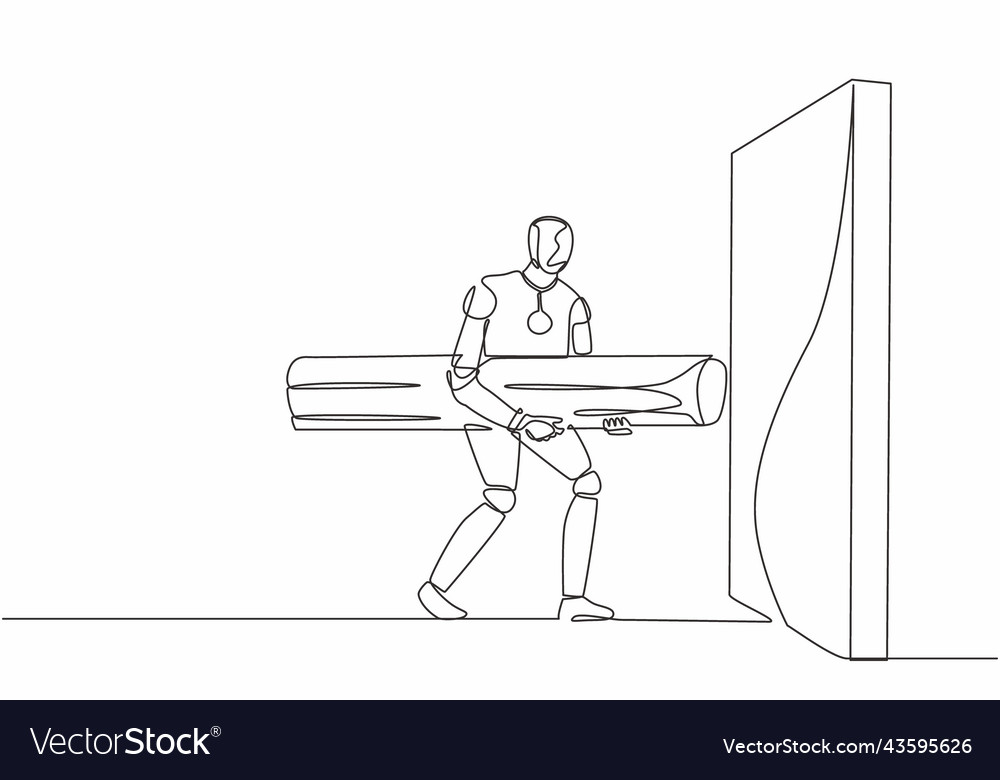 Single one line drawing robot holding large log vector image Single one line drawing robot holding large log