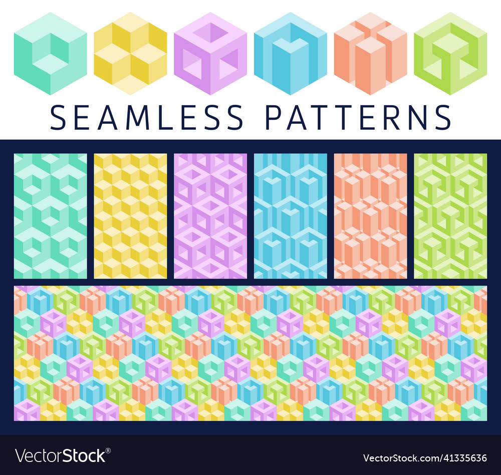 Set of 3d geometric seamless elements and patterns