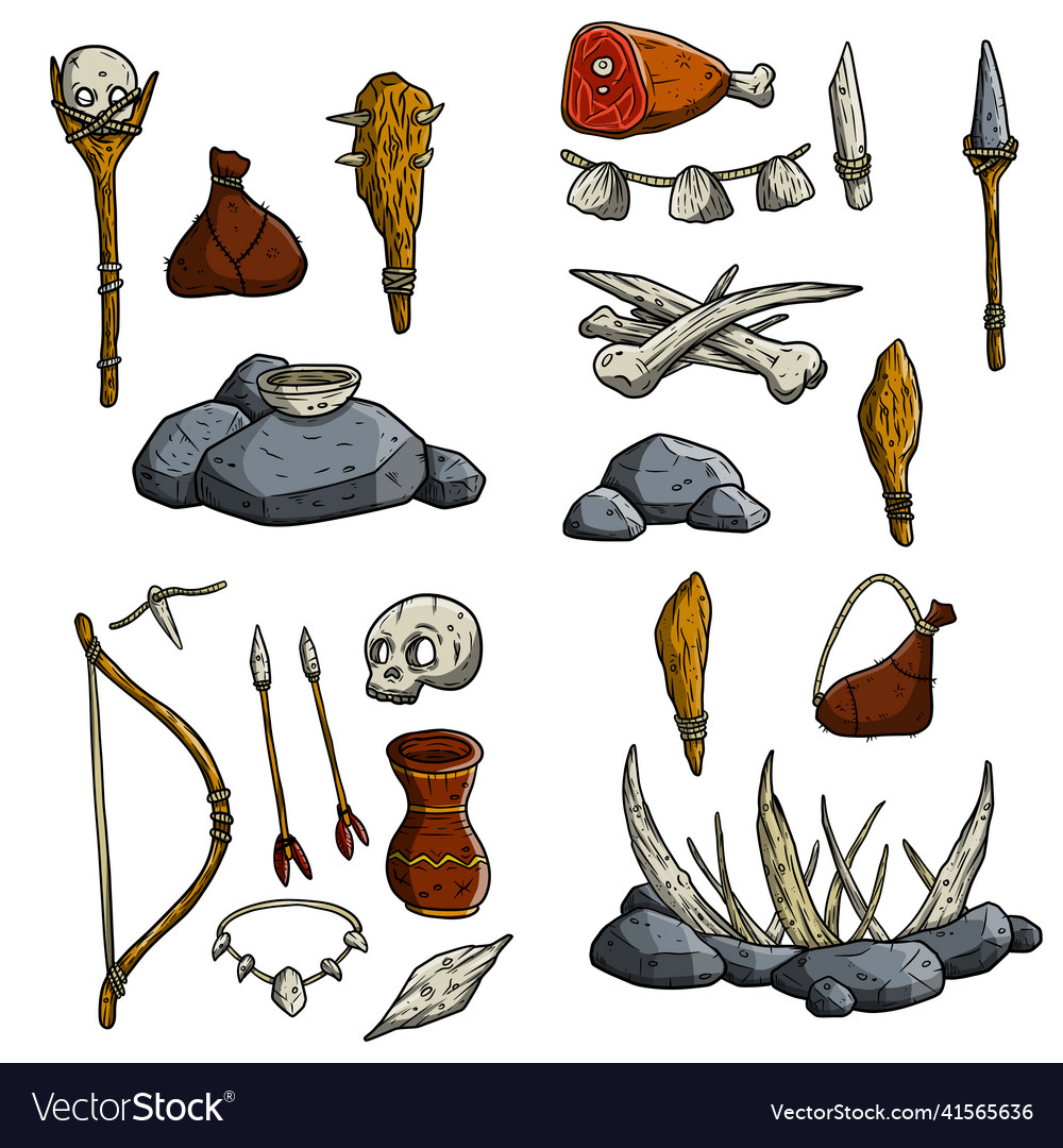 Set of primitive man items vector image Set of primitive man items