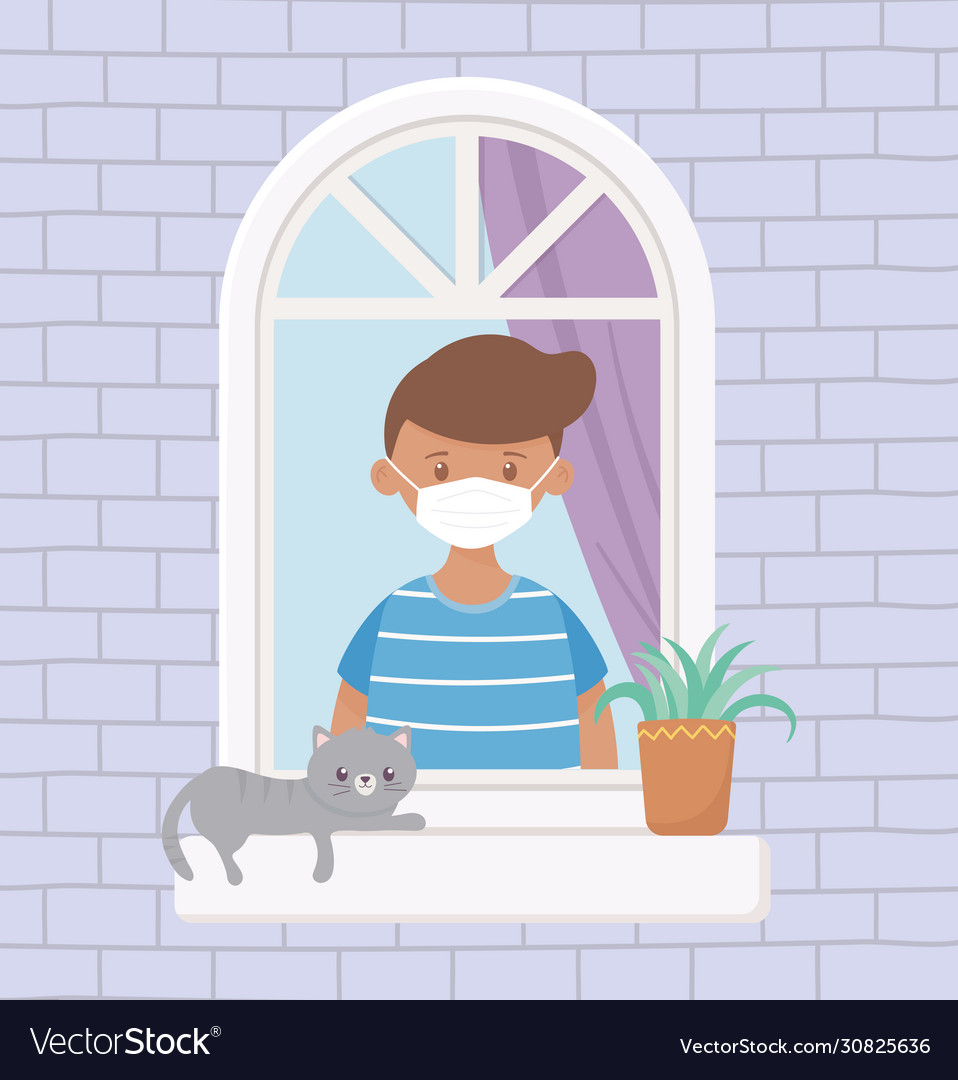 Stay at home boy with medical mask and cat