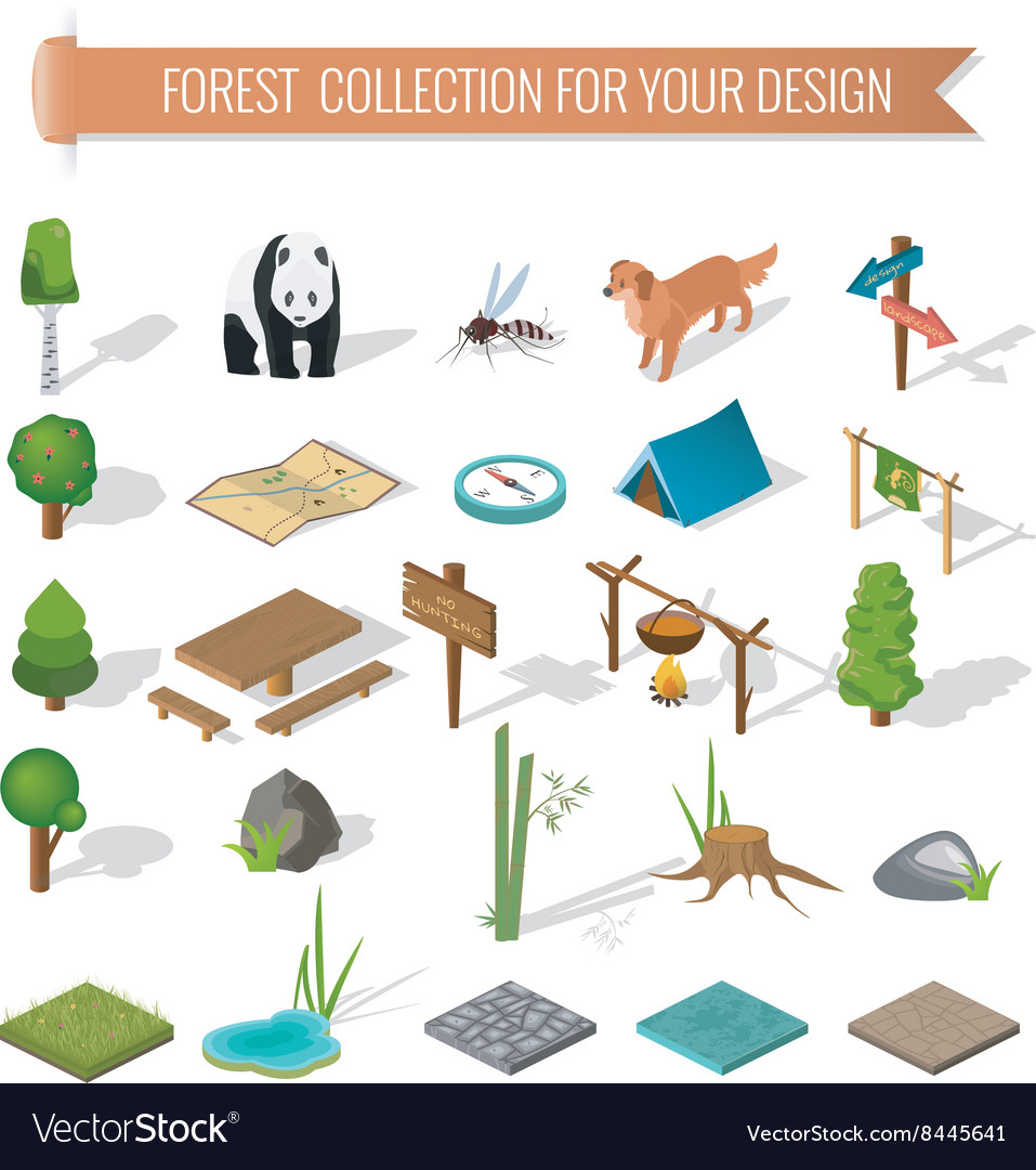 Isometric 3d forest camping elements