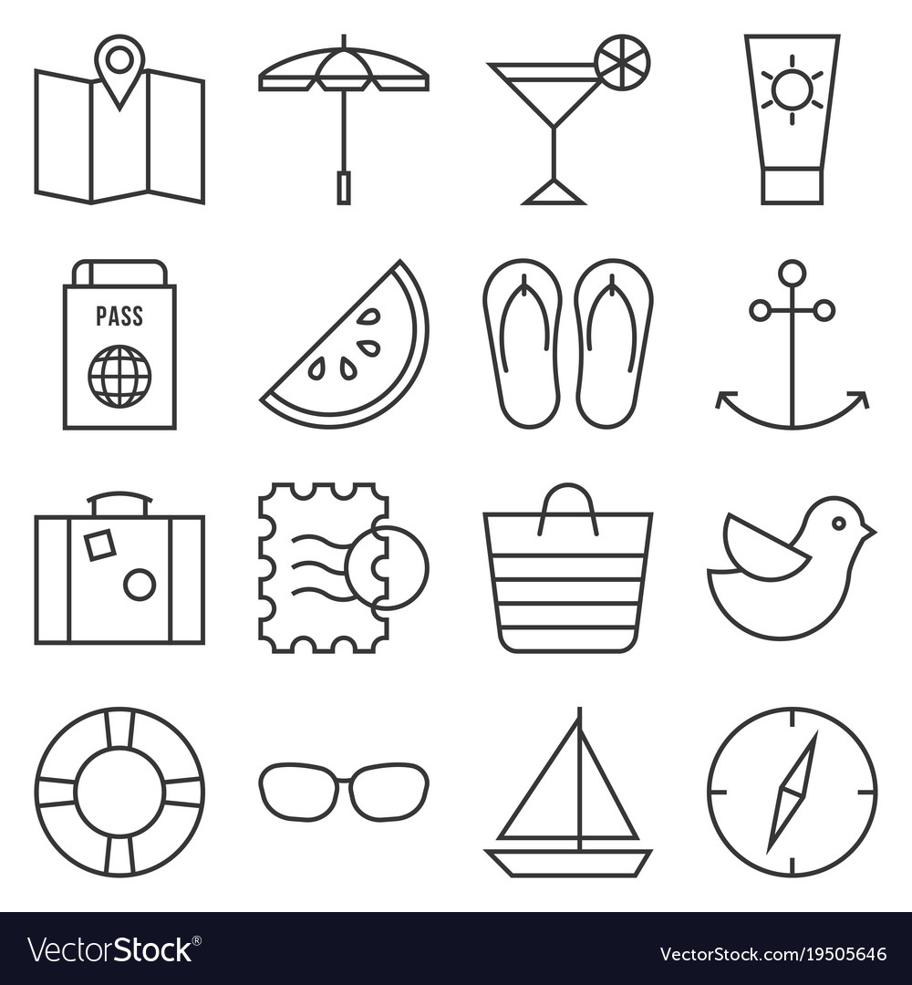 Beach element outline icon set Royalty Free Vector Image