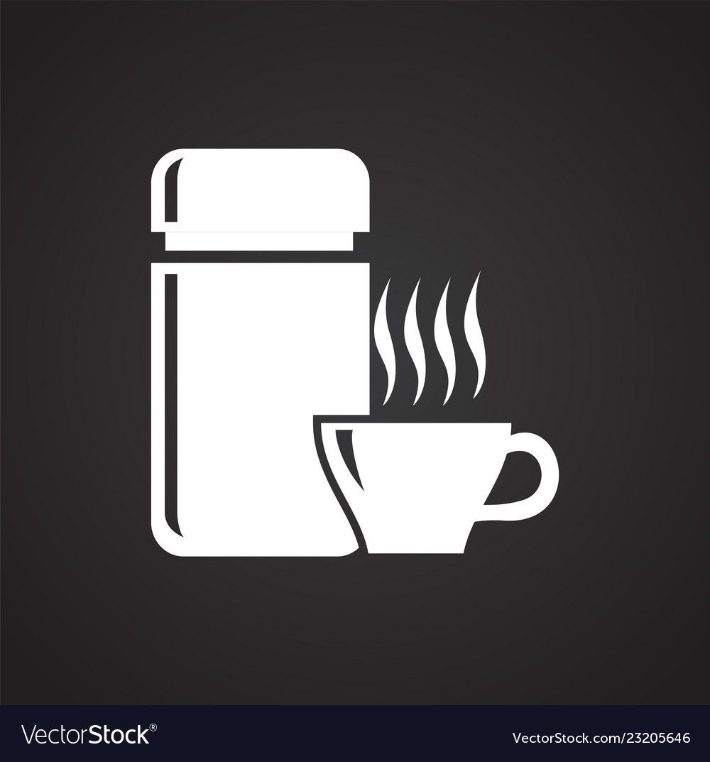 Hot drink with thermos icon on black background