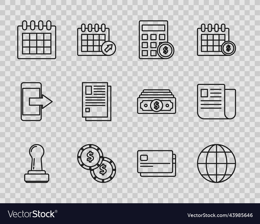 Set line stamp earth globe calculator with dollar