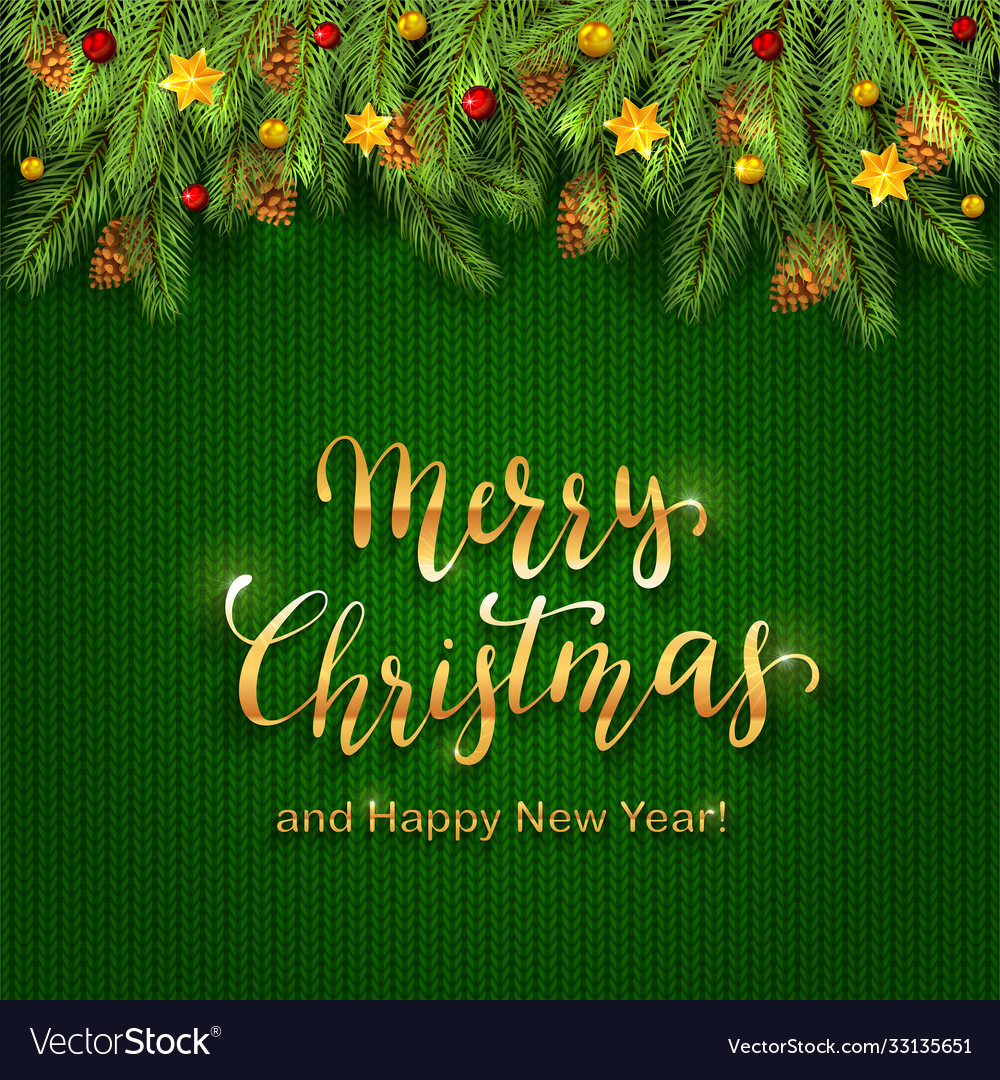 Christmas lettering on green knitted background