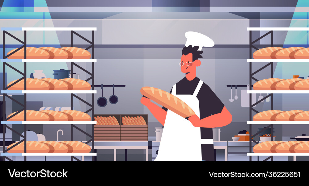 Male baker in uniform holding bread bakery Vector Image