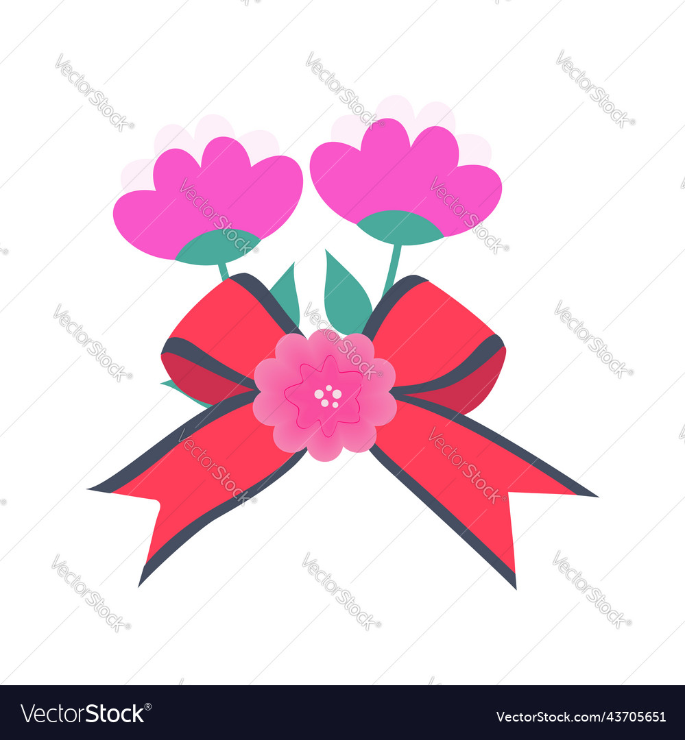 Red bloom flower with pink bow ribbon