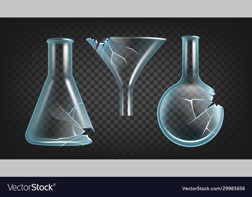 Broken laboratory flasks and funnel set