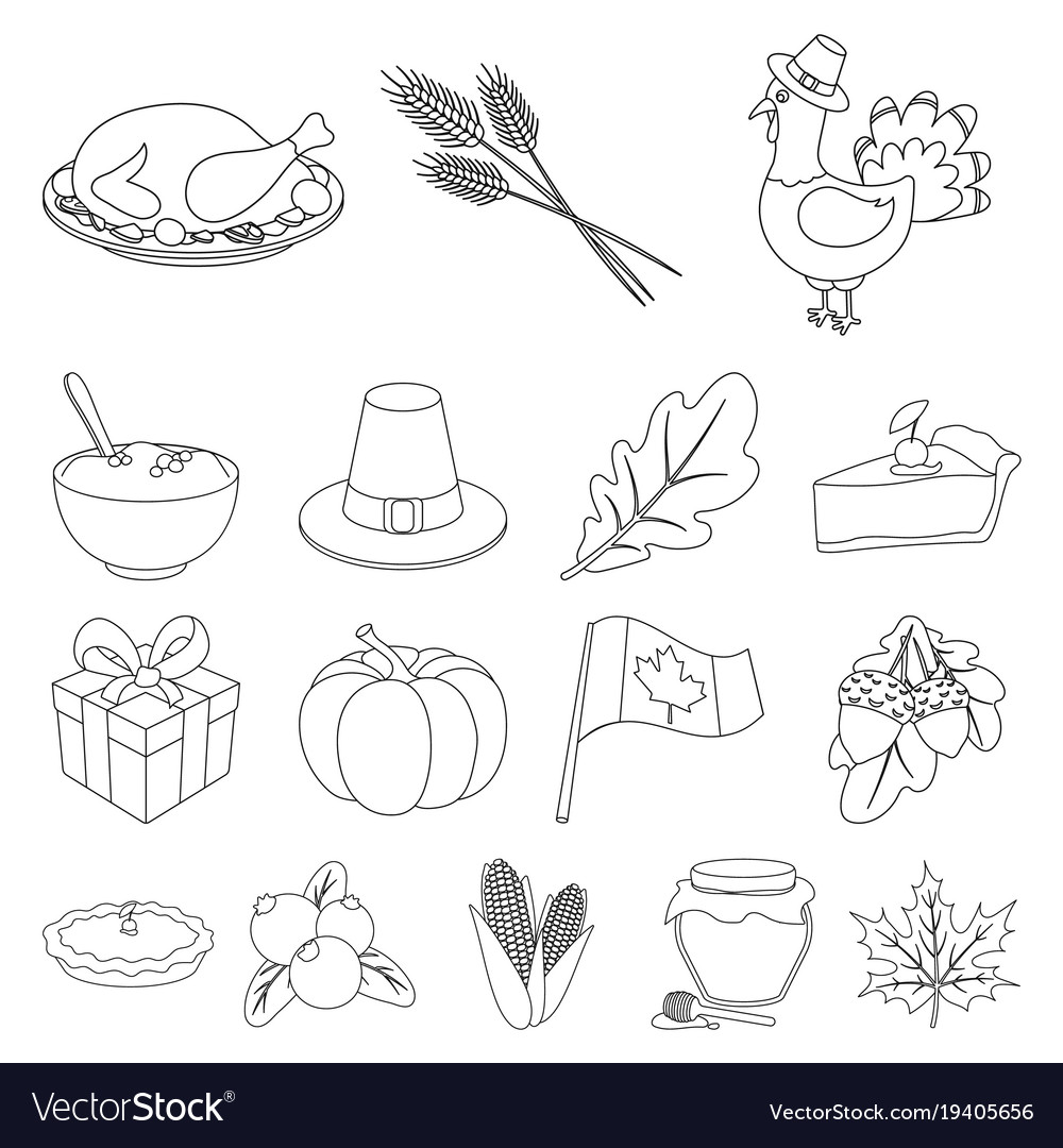 Canada thanksgiving day outline icons in set Vector Image